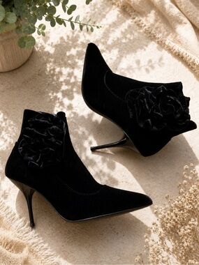 Jeffrey Campbell Florette Elegant Black Velvet Ankle Boots with Floral Accent